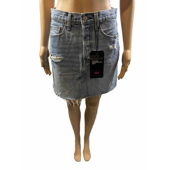 Levi's Premium High Rise Deconstructed Denim Skirt Size 28 Button Fly Raw Edge - Picture 4 of 12